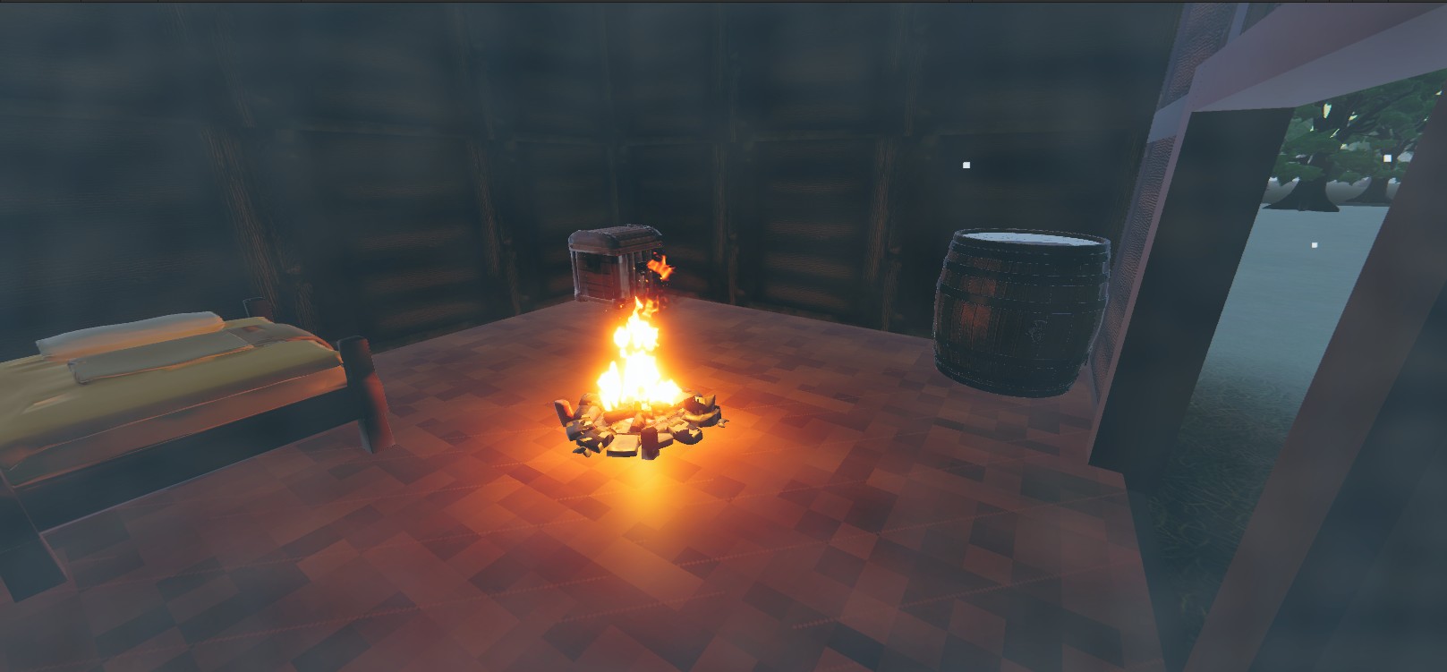 Interior of a player-built shelter with a campfire, bed, and storage barrel in Worldis